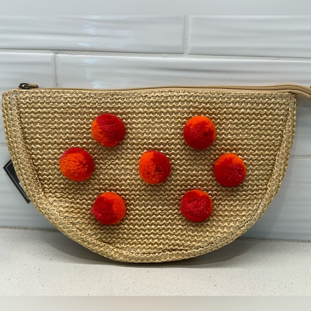 Brand New Ulta Beauty Wooven Half Moon Bag With Pink & Orange Pom Poms